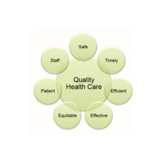 Quality Health Care diagram showing Safe, Timely, Efficient, Effective, Equitable, Patient and Staff dimensions